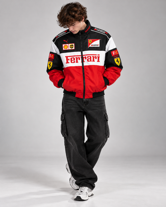 GLOID Tri-Color Ferrari Racing Jacket – Red/White/Black Motorsport Style