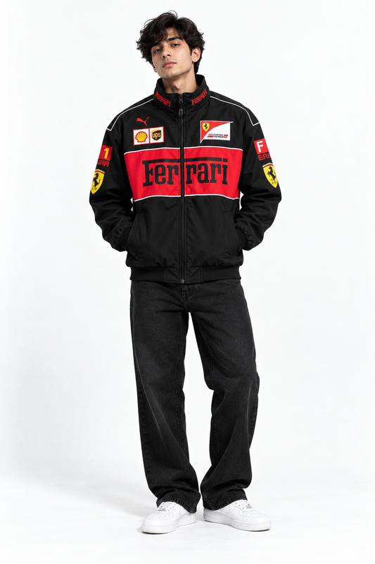GLOID Black Ferrari Racing Jacket – Luxury Motorsport-Inspired Streetwear