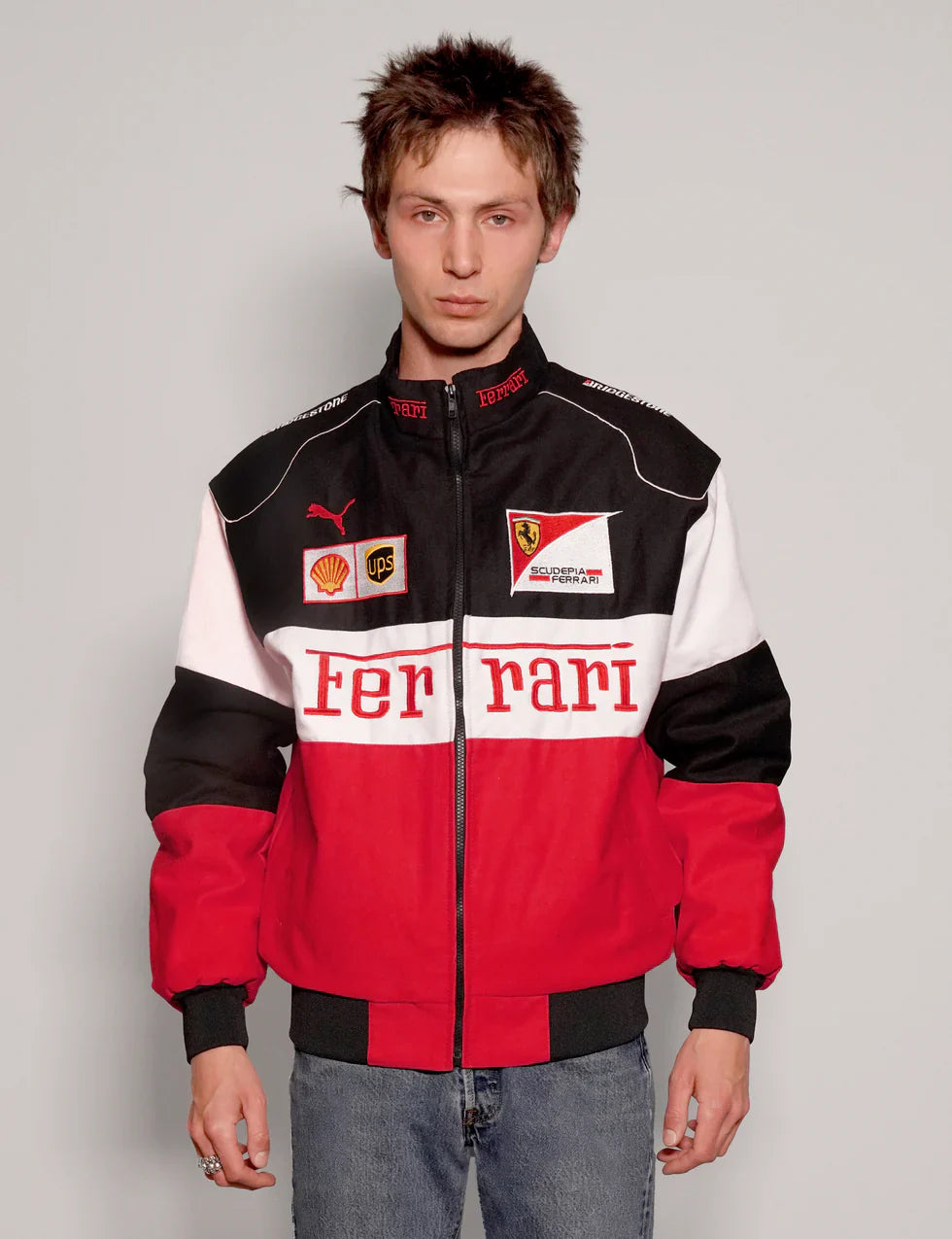 GLOID Tri-Color Ferrari Racing Jacket – Red/White/Black Motorsport Style