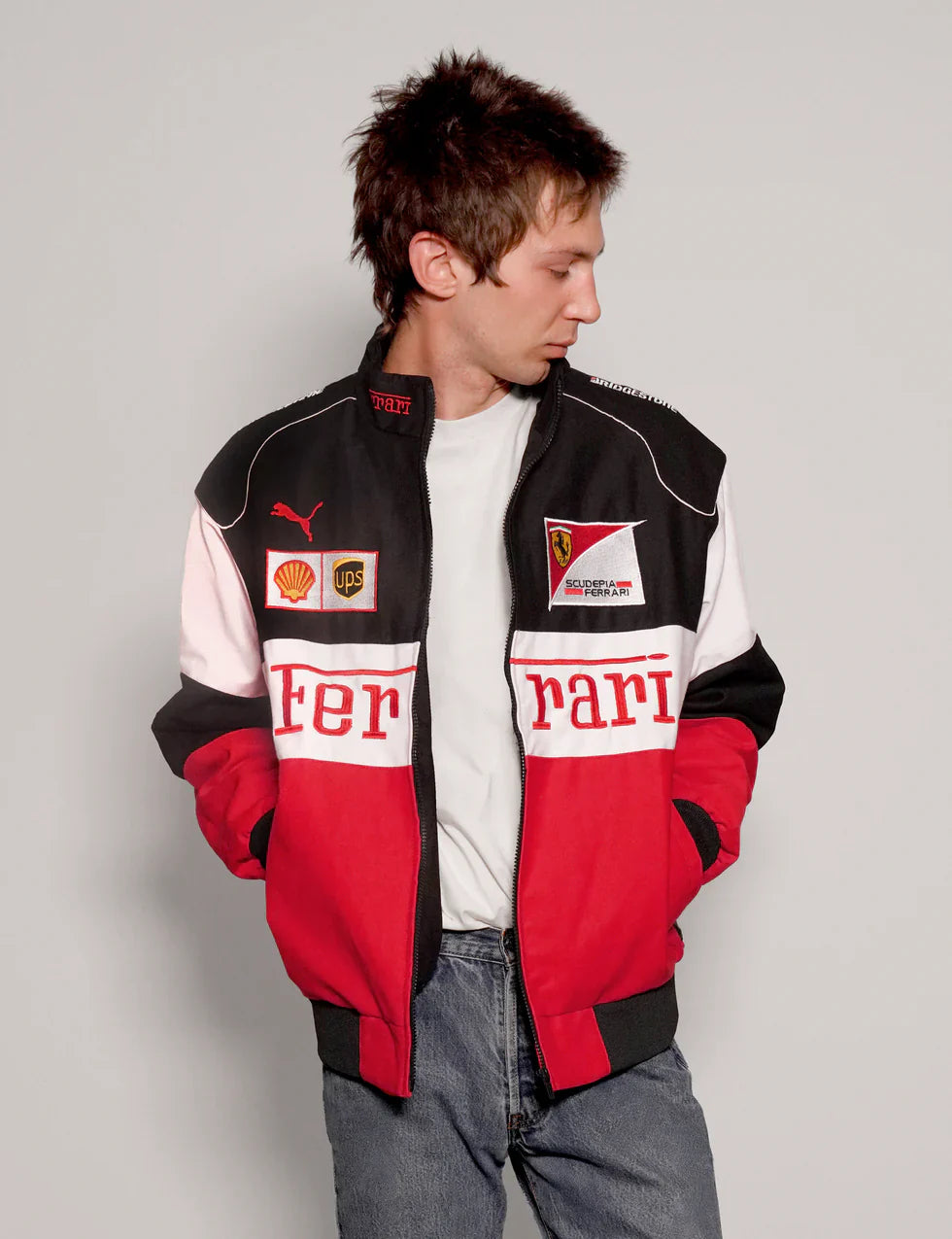 GLOID Tri-Color Ferrari Racing Jacket – Red/White/Black Motorsport Style