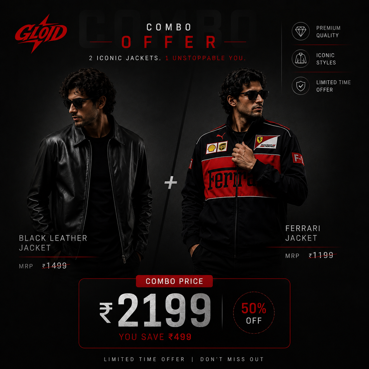 GLOID Combo Pack – Premium Black Leather Jacket + Motorsport Style Jacket for Men