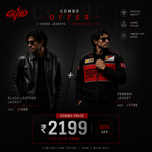 GLOID Combo Pack – Premium Black Leather Jacket + Motorsport Style Jacket for Men