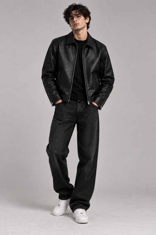 Gloid Men's Black Faux Leather Jacket — Minimalist Zip-Up