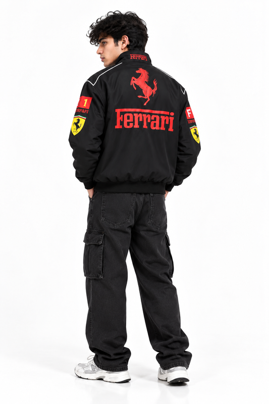 GLOID Black Ferrari Racing Jacket – Luxury Motorsport-Inspired Streetwear