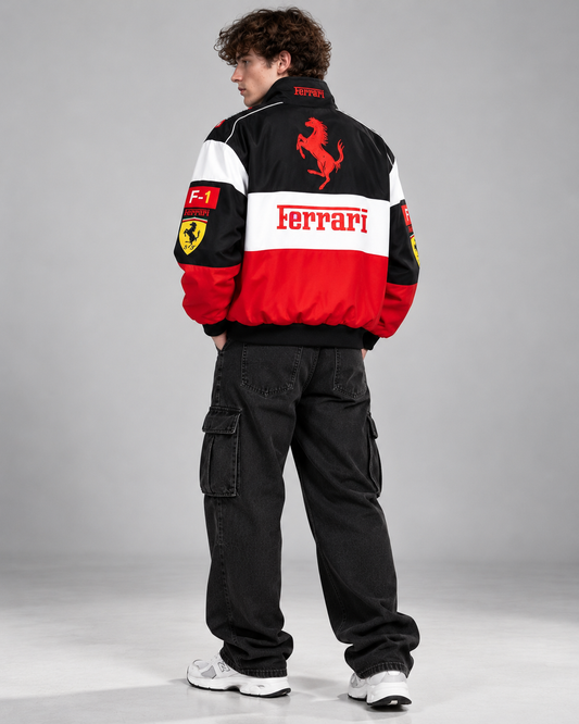GLOID Tri-Color Ferrari Racing Jacket – Red/White/Black Motorsport Style