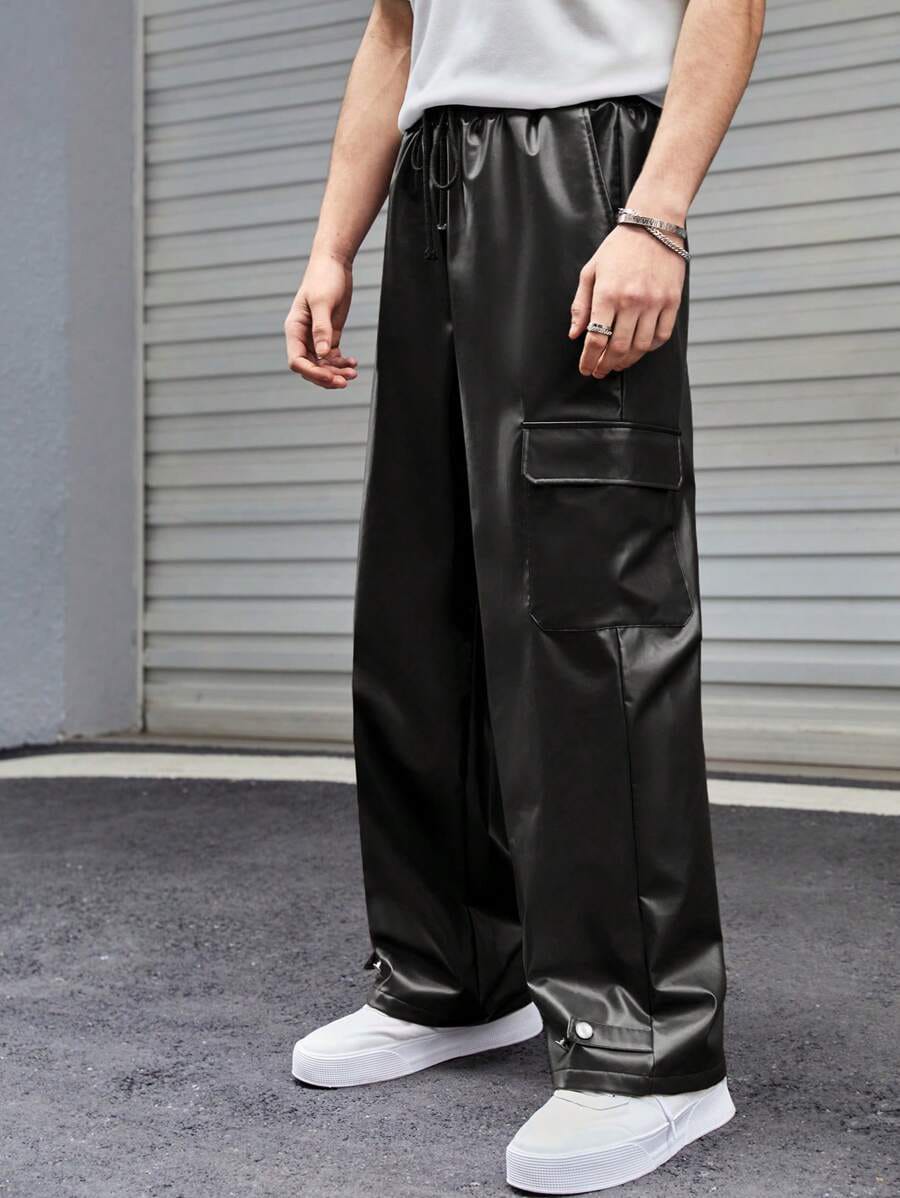 GLOID Men’s Black Faux Leather Cargo Pants – Streetwear Wide-Leg Trousers