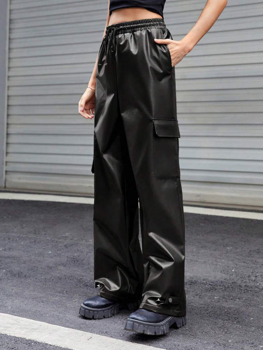 GLOID Men’s Black Faux Leather Cargo Pants – Streetwear Wide-Leg Trousers