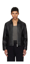 Gloid men's black faux leather jacket front view – minimalist zip-up