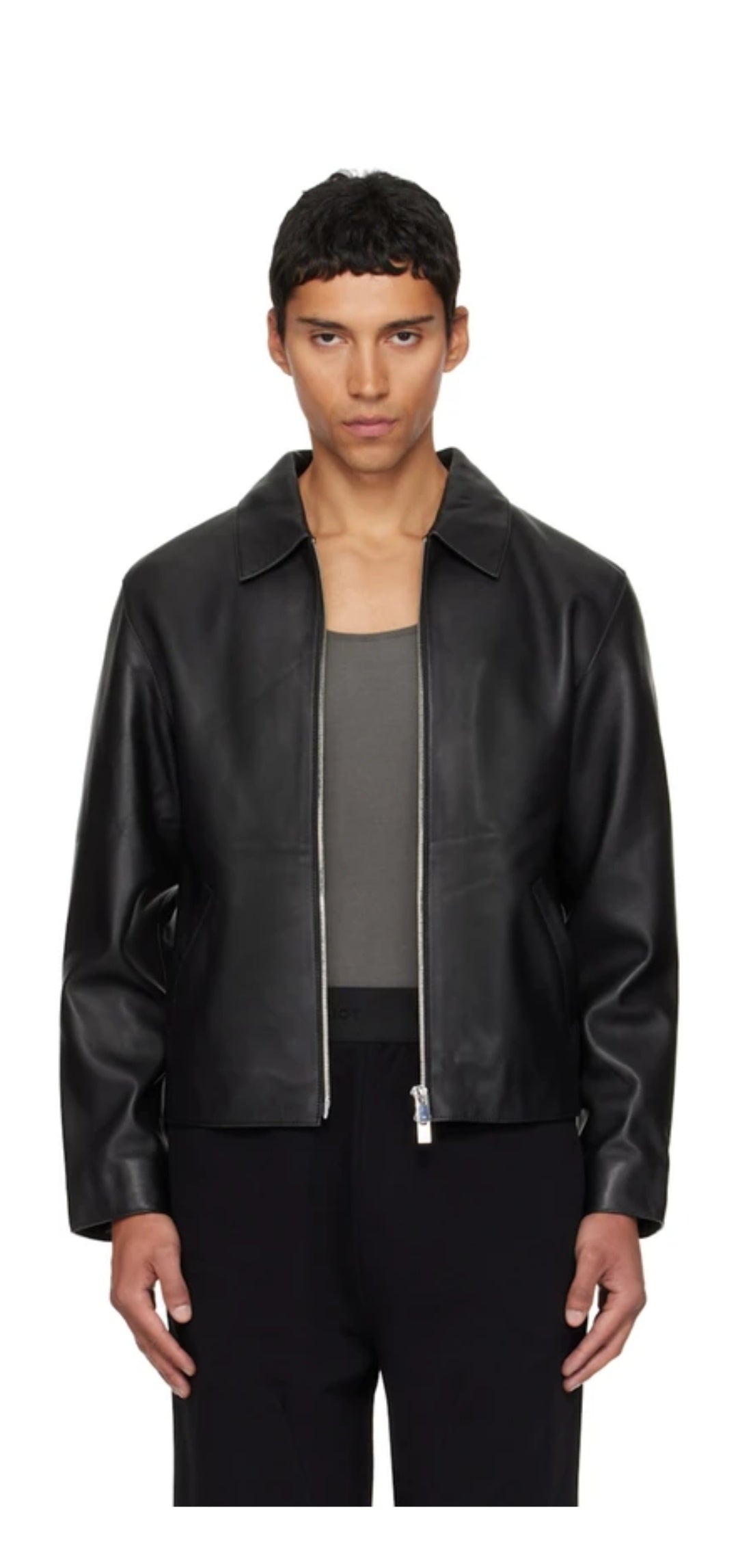 Gloid men's black faux leather jacket front view – minimalist zip-up
