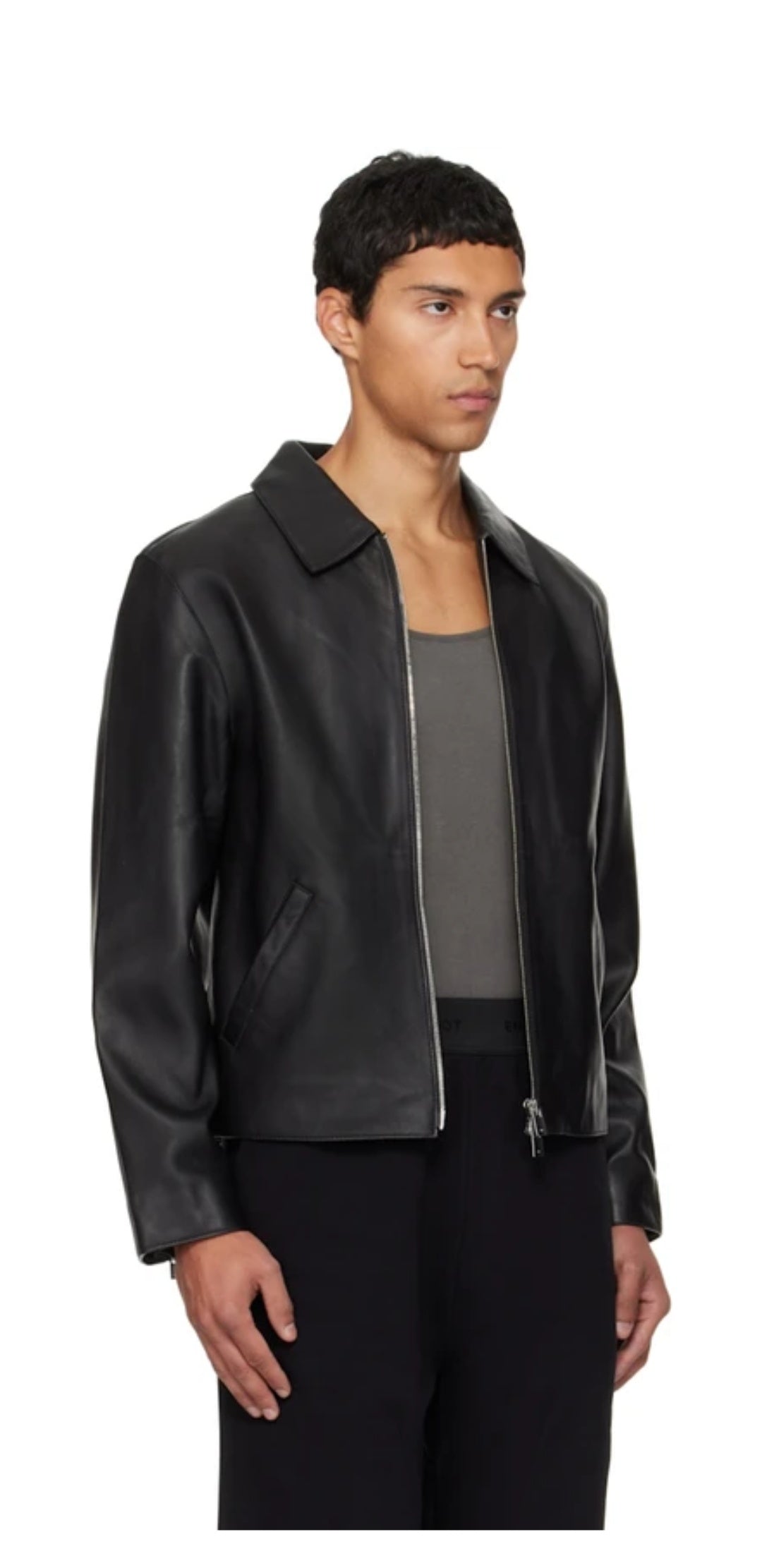 Gloid men's black faux leather jacket side view – zip-up vegan leather