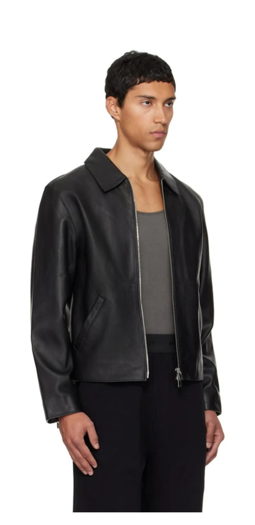 Gloid men's black faux leather jacket side view – zip-up vegan leather