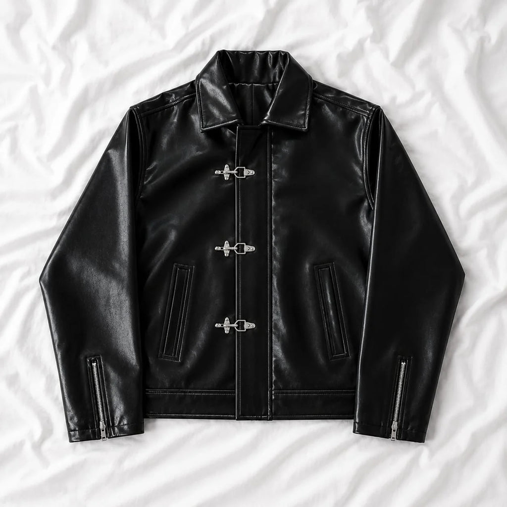GLOID Fireman Metal Clasp Faux Leather Jacket – Black Boxy Fit
