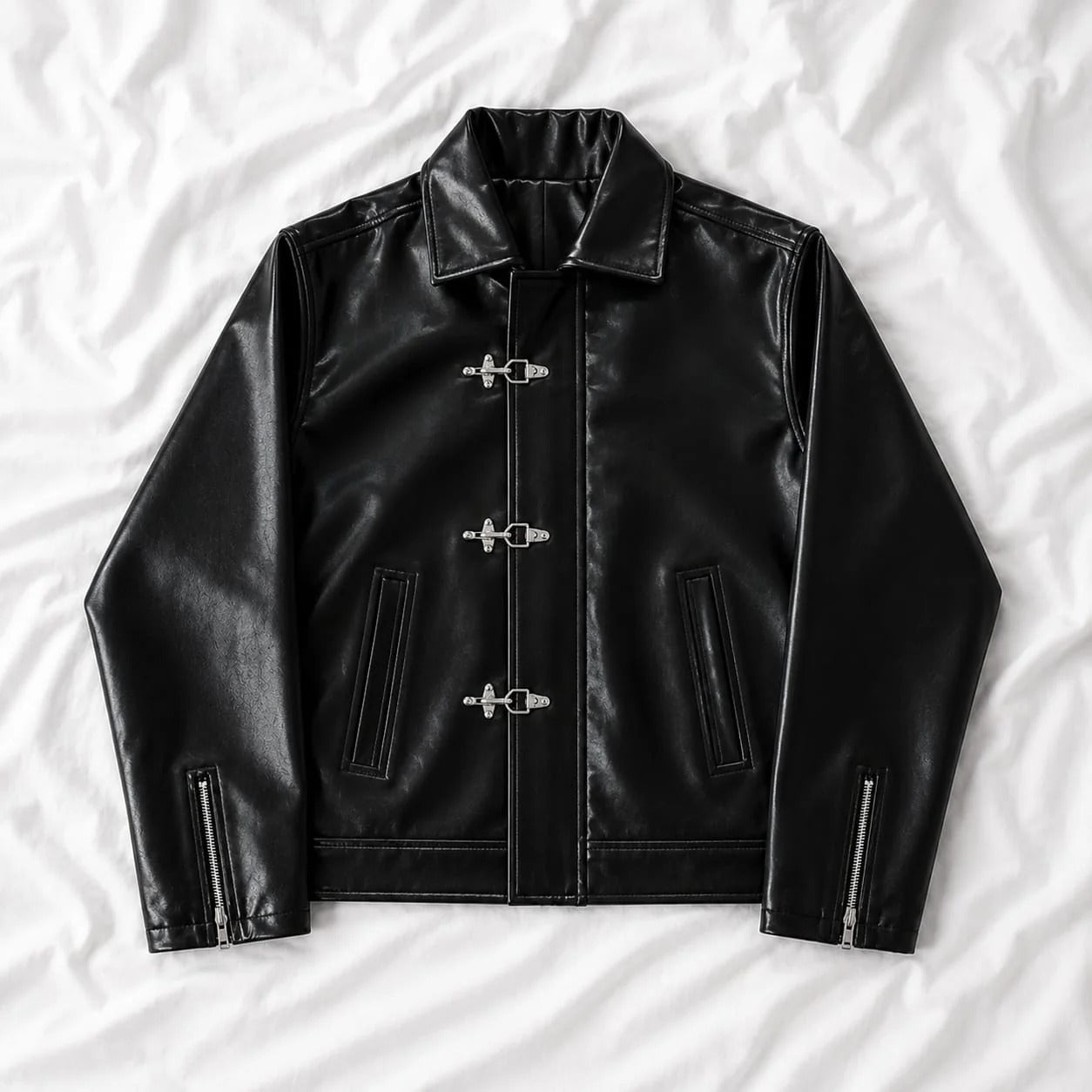 GLOID Fireman Metal Clasp Faux Leather Jacket – Black Boxy Fit