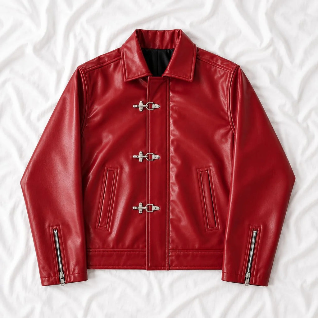 GLOID Fireman Metal Clasp Faux Leather Jacket – Red Boxy Fit