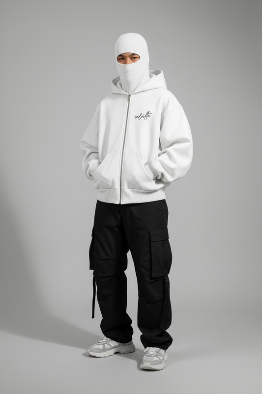 GLOID White Balaclava Hoodie – Streetwear Masked Pullover for Men & Women